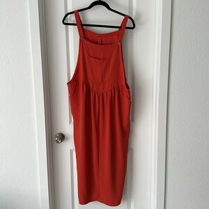 Cute overall dress - poly blend - lightweight- deep orange color.